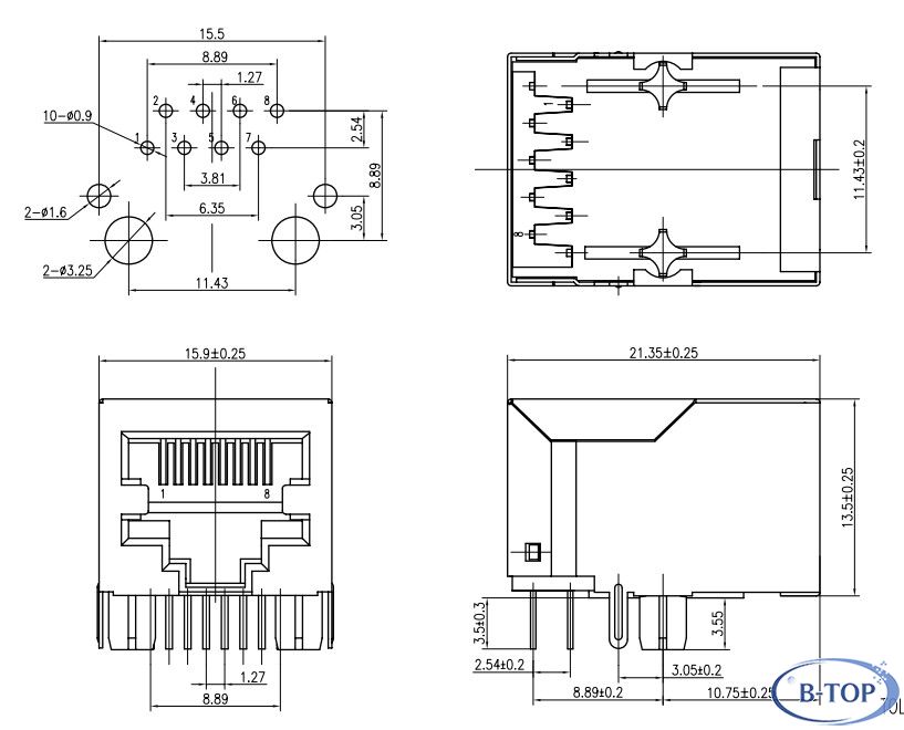 1X1 RJ45 Female Connector Jack with Magnetics w/o LED - Tab Down RJ45 Modular Jack and RJ45 ...